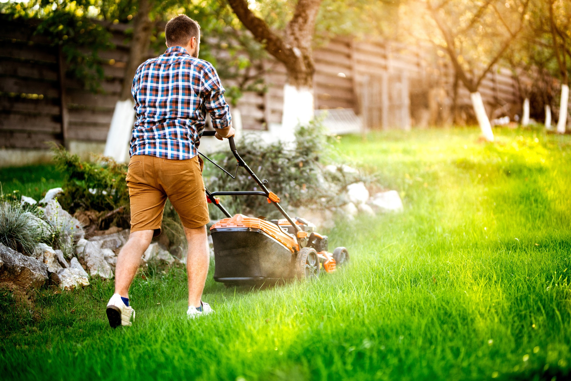 Gardener mowing the lawn using a gasoline powered device, a professional lawn mower